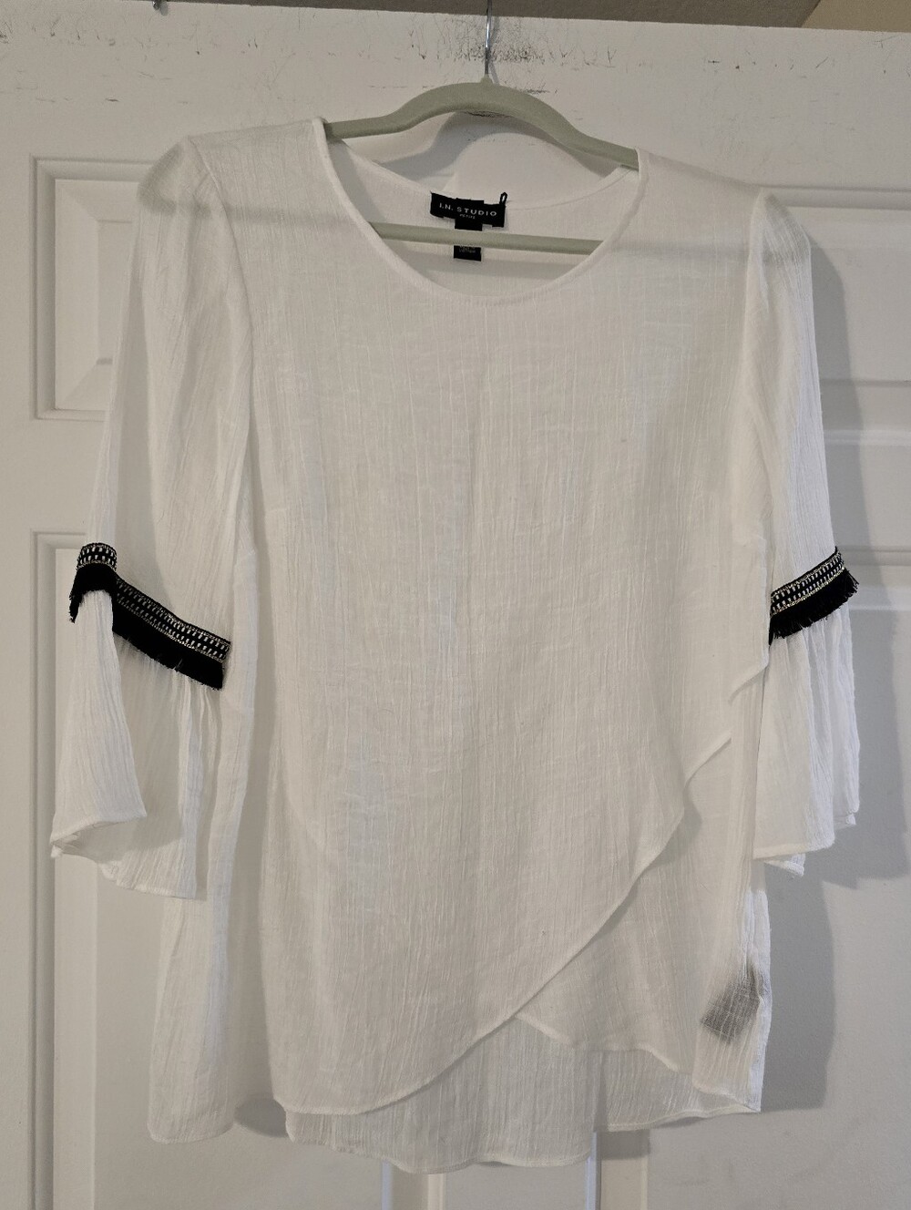 I.N. Studio White Gauze Blouse with Black Trim Sleeves